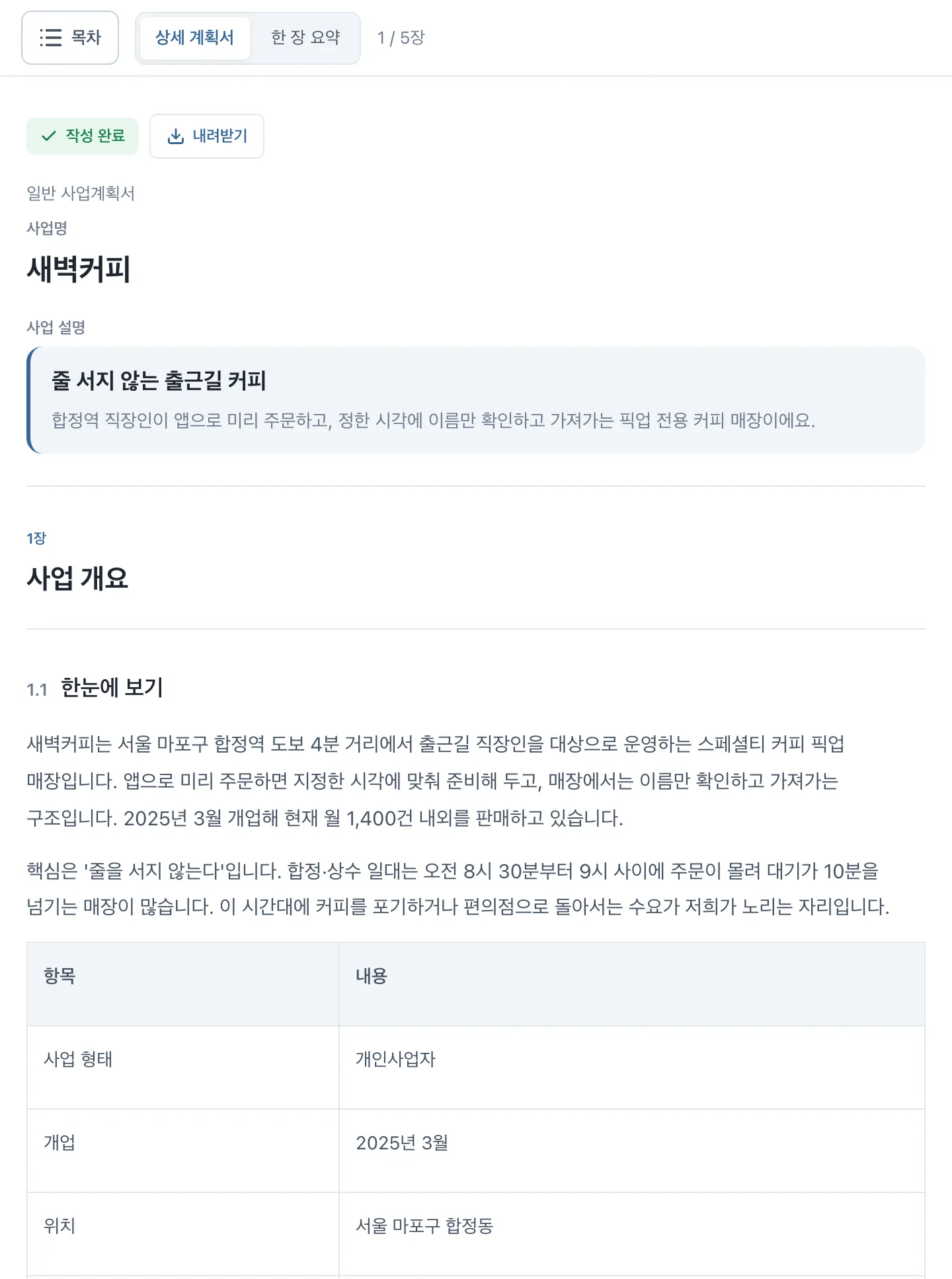 화면에서 읽는 예시 사업계획서 본문