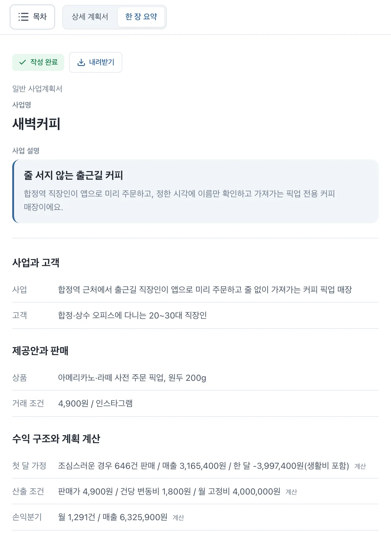 사업과 고객, 상품과 가격을 정리한 한 장 요약 화면